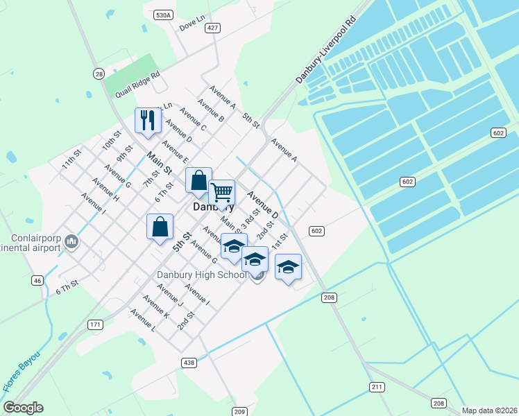 map of restaurants, bars, coffee shops, grocery stores, and more near 5415 3 Road Street in Danbury