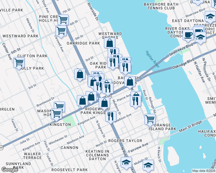 map of restaurants, bars, coffee shops, grocery stores, and more near 134 Daytona Avenue in Daytona Beach