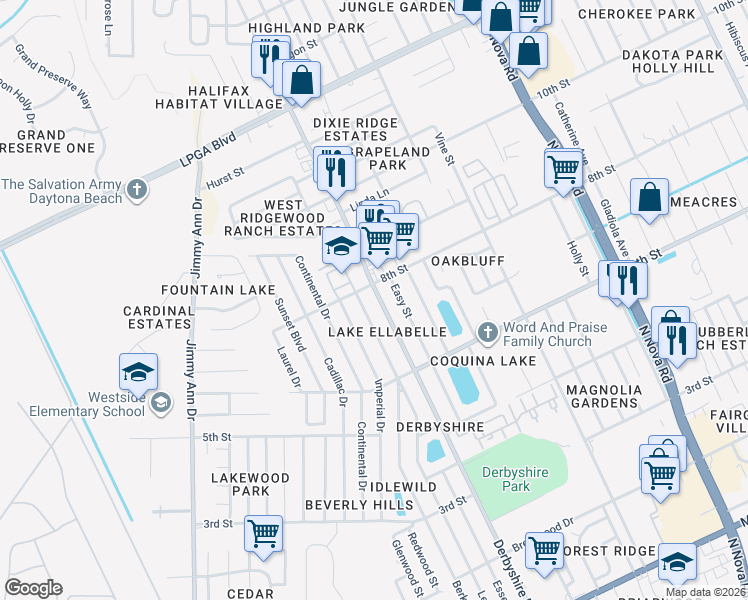 map of restaurants, bars, coffee shops, grocery stores, and more near 936 Derbyshire Road in Daytona Beach