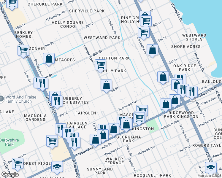 map of restaurants, bars, coffee shops, grocery stores, and more near 312 Hopkins Avenue in Daytona Beach