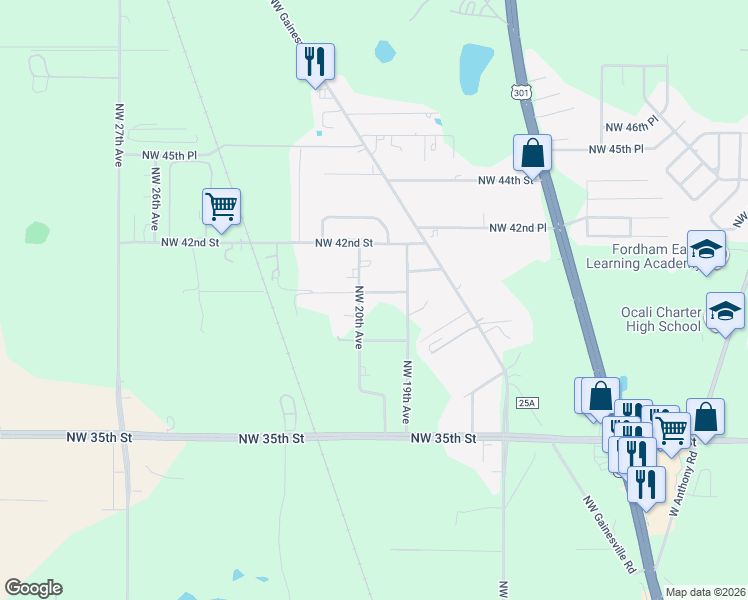 map of restaurants, bars, coffee shops, grocery stores, and more near 1950 Northwest 40th Street in Ocala
