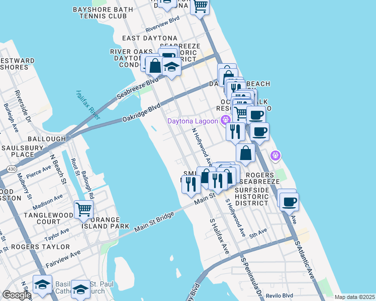 map of restaurants, bars, coffee shops, grocery stores, and more near 225 North Peninsula Drive in Daytona Beach