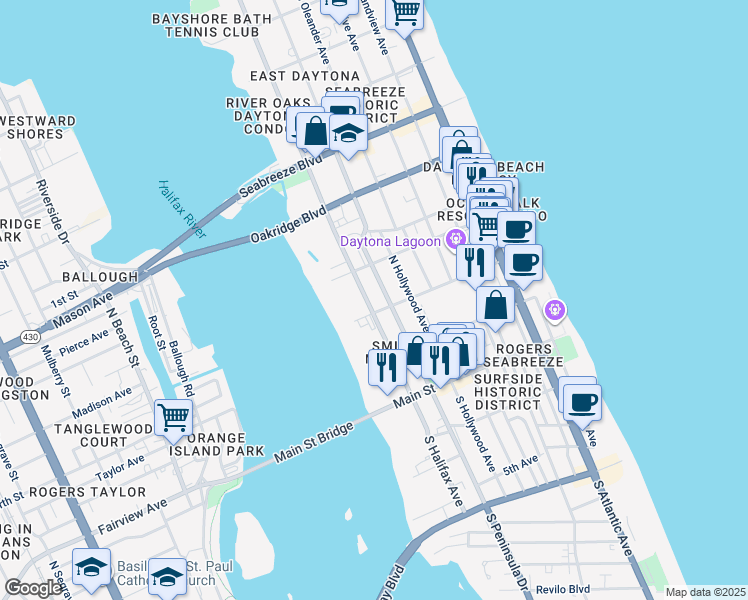 map of restaurants, bars, coffee shops, grocery stores, and more near 225 North Peninsula Drive in Daytona Beach