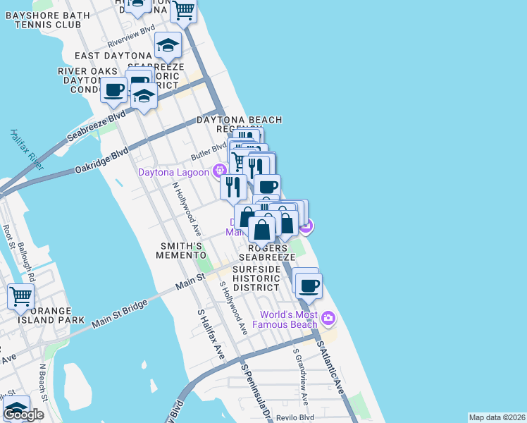 map of restaurants, bars, coffee shops, grocery stores, and more near 100 North Atlantic Avenue in Daytona Beach