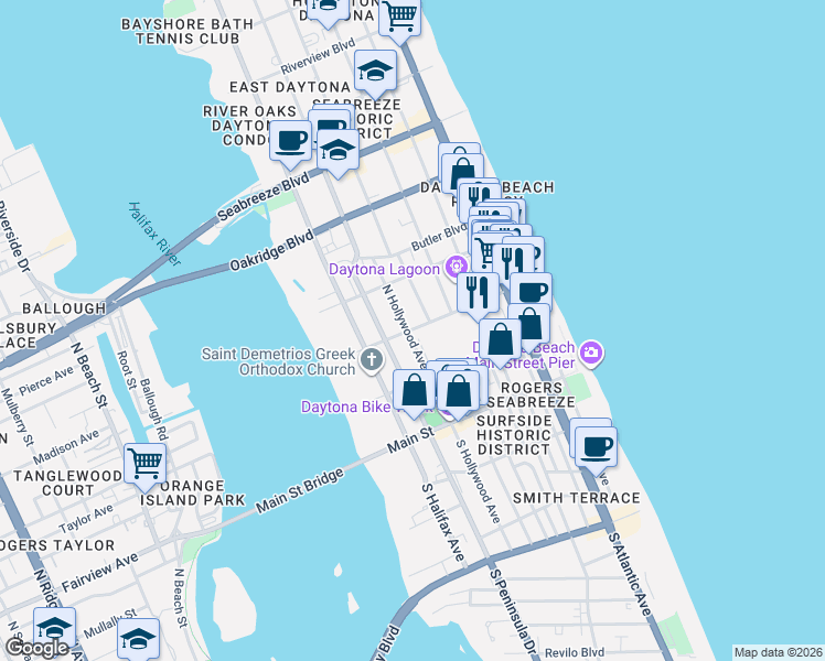 map of restaurants, bars, coffee shops, grocery stores, and more near 212 North Hollywood Avenue in Daytona Beach