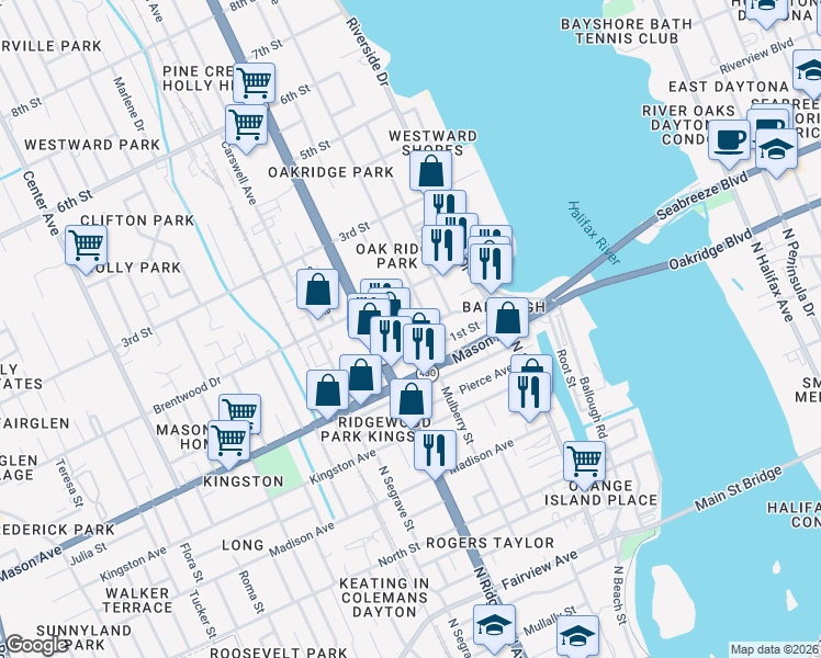 map of restaurants, bars, coffee shops, grocery stores, and more near 134 Daytona Avenue in Daytona Beach