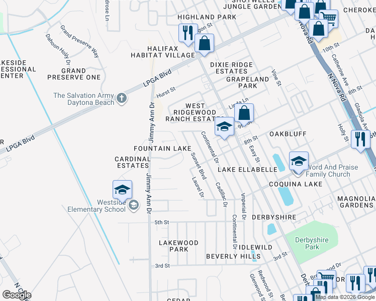 map of restaurants, bars, coffee shops, grocery stores, and more near 148 Fountain Lake Boulevard in Daytona Beach