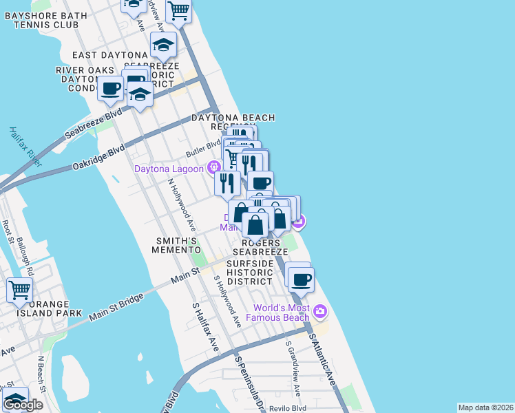 map of restaurants, bars, coffee shops, grocery stores, and more near 100 North Atlantic Avenue in Daytona Beach