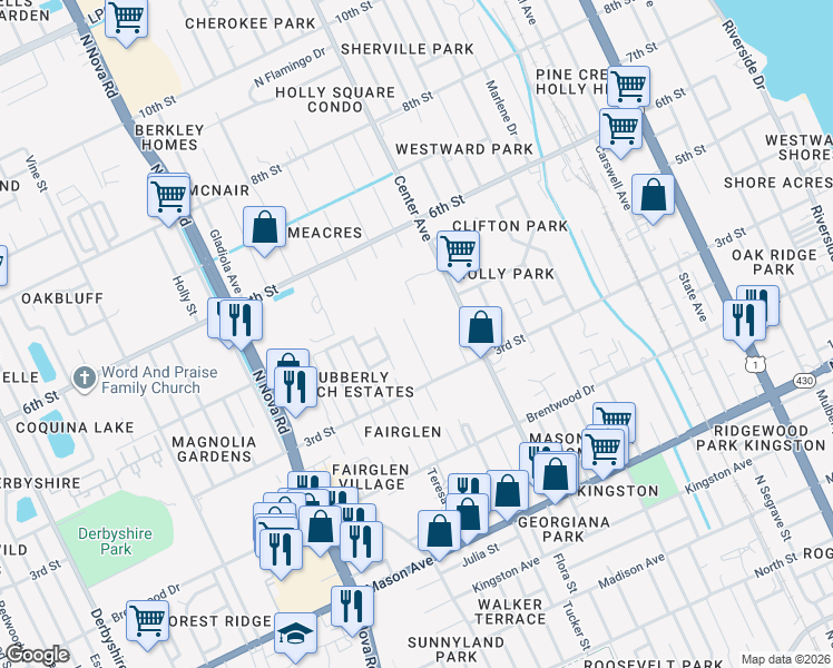 map of restaurants, bars, coffee shops, grocery stores, and more near 323 Cavanah Drive in Holly Hill