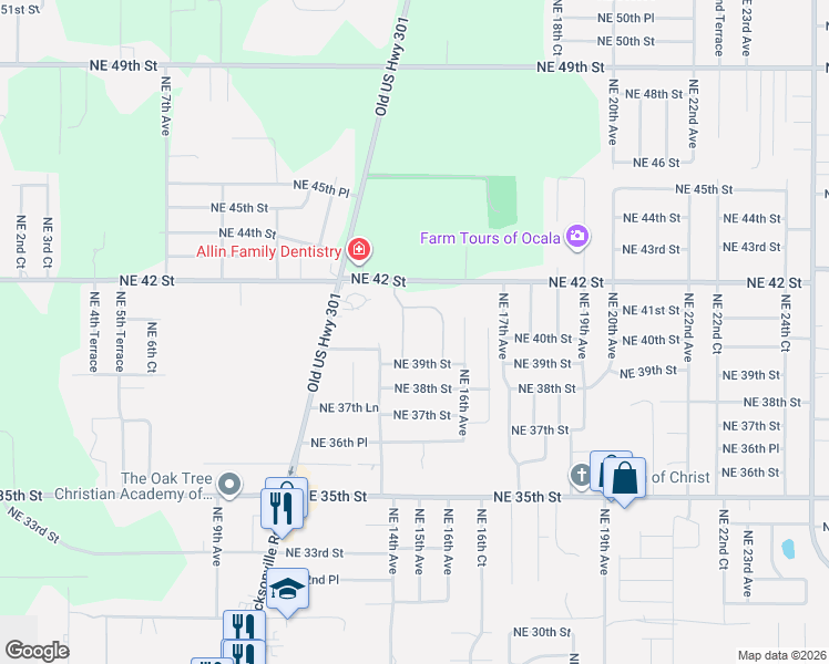 map of restaurants, bars, coffee shops, grocery stores, and more near 4055 Northeast 14th Court in Ocala