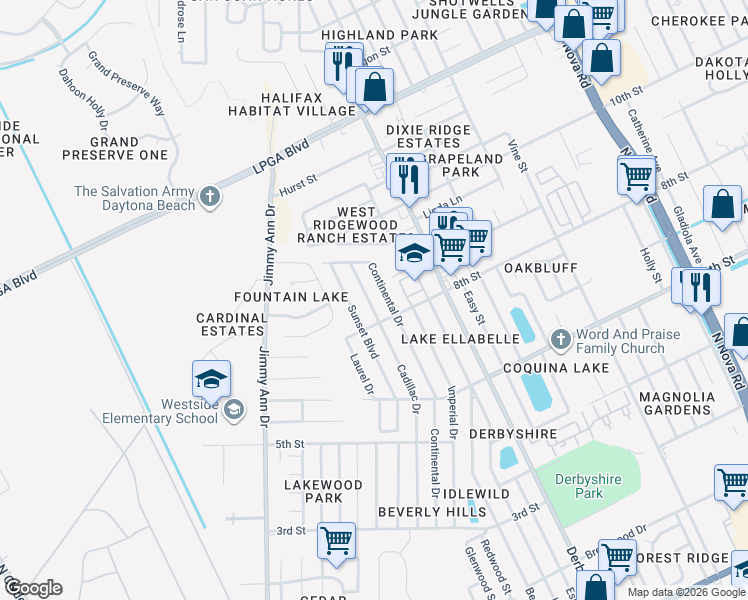 map of restaurants, bars, coffee shops, grocery stores, and more near 1421 Cadillac Drive in Daytona Beach