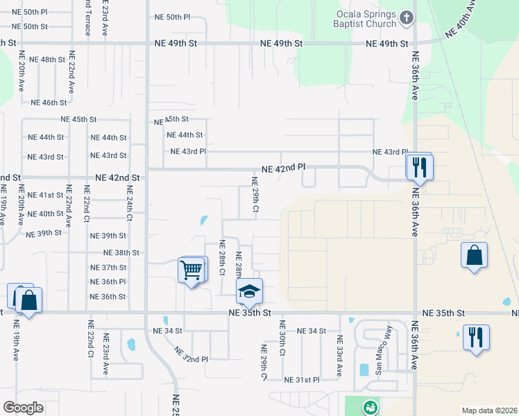 map of restaurants, bars, coffee shops, grocery stores, and more near 4025 Northeast 29th Court in Ocala