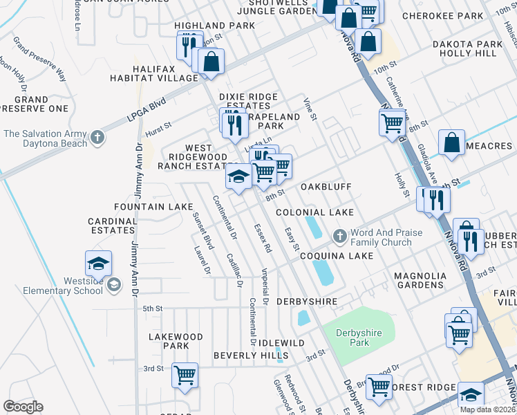 map of restaurants, bars, coffee shops, grocery stores, and more near 936 Derbyshire Road in Daytona Beach