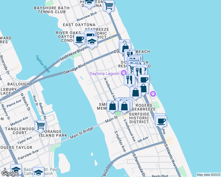 map of restaurants, bars, coffee shops, grocery stores, and more near 212 North Hollywood Avenue in Daytona Beach