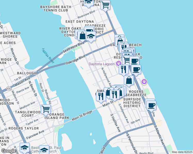 map of restaurants, bars, coffee shops, grocery stores, and more near 225 North Peninsula Drive in Daytona Beach