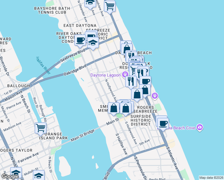 map of restaurants, bars, coffee shops, grocery stores, and more near 212 North Hollywood Avenue in Daytona Beach