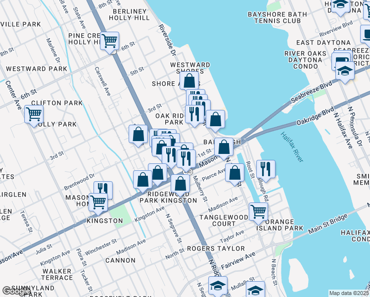 map of restaurants, bars, coffee shops, grocery stores, and more near 134 Daytona Avenue in Daytona Beach
