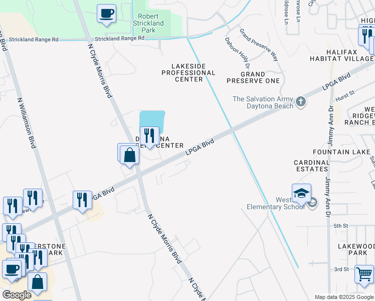 map of restaurants, bars, coffee shops, grocery stores, and more near 1868 LPGA Boulevard in Daytona Beach