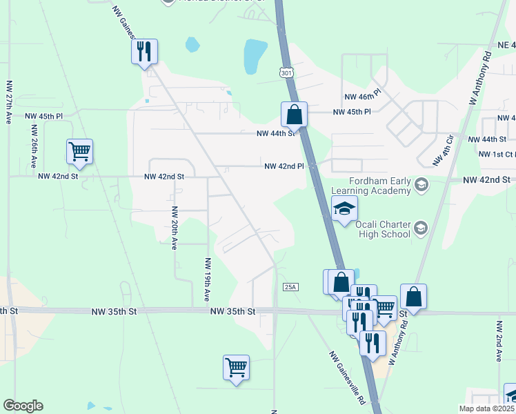 map of restaurants, bars, coffee shops, grocery stores, and more near 4023 Northwest Gainesville Road in Ocala