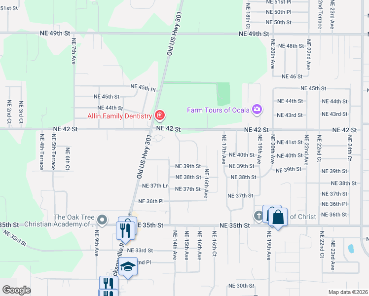 map of restaurants, bars, coffee shops, grocery stores, and more near 4055 Northeast 14th Court in Ocala