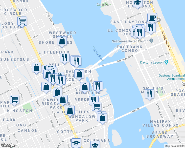 map of restaurants, bars, coffee shops, grocery stores, and more near 841 Ballough Road in Daytona Beach