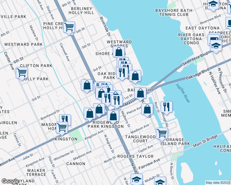 map of restaurants, bars, coffee shops, grocery stores, and more near 134 Daytona Avenue in Daytona Beach