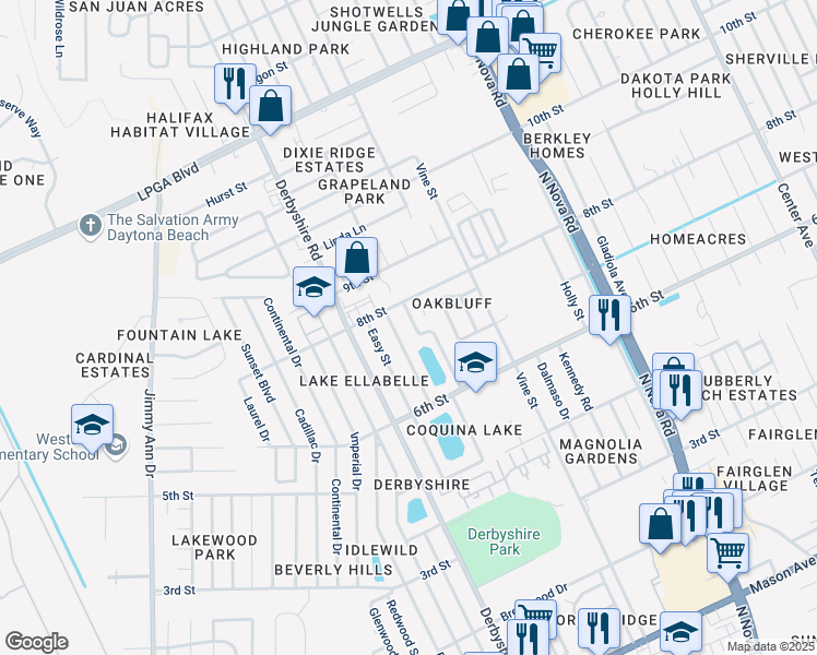 map of restaurants, bars, coffee shops, grocery stores, and more near 644 Williamsburg Drive in Daytona Beach