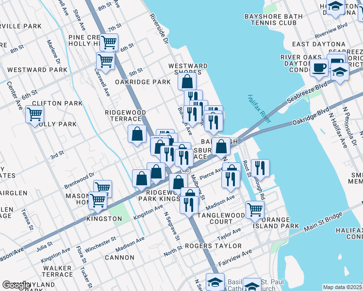 map of restaurants, bars, coffee shops, grocery stores, and more near 134 Daytona Avenue in Daytona Beach