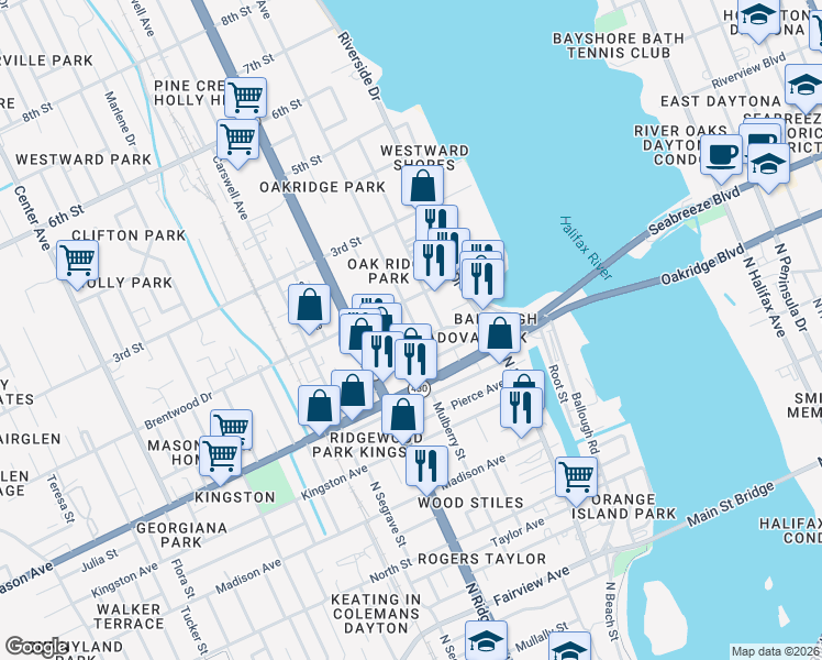 map of restaurants, bars, coffee shops, grocery stores, and more near 162 Daytona Avenue in Daytona Beach