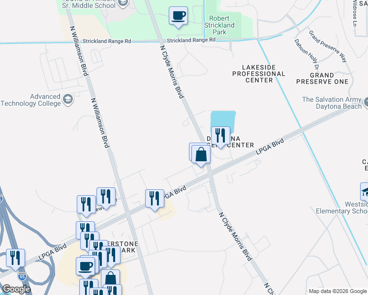 map of restaurants, bars, coffee shops, grocery stores, and more near 1612-1656 North Clyde Morris Boulevard in Daytona Beach