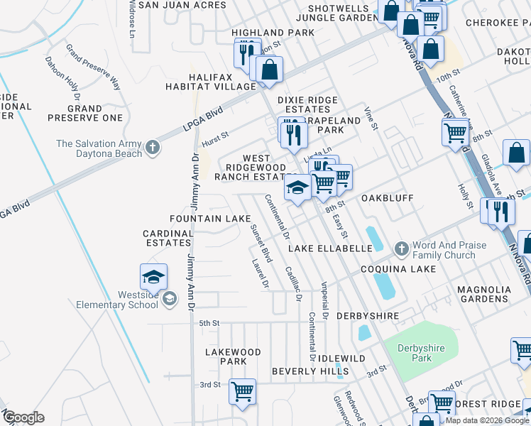map of restaurants, bars, coffee shops, grocery stores, and more near 1421 Cadillac Drive in Daytona Beach