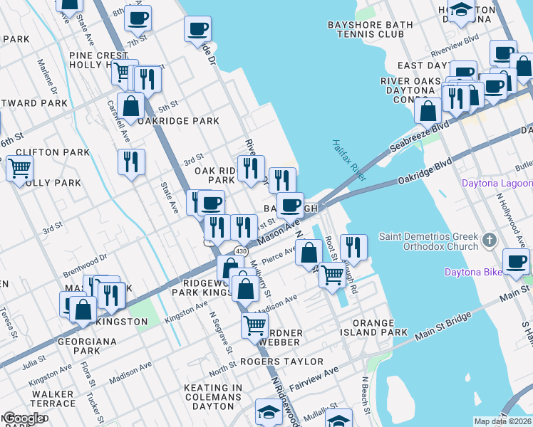 map of restaurants, bars, coffee shops, grocery stores, and more near 121 High Street in Holly Hill