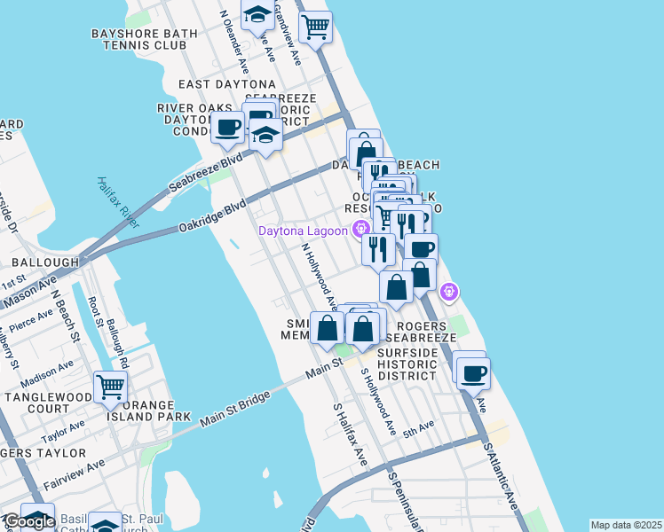map of restaurants, bars, coffee shops, grocery stores, and more near 212 North Hollywood Avenue in Daytona Beach