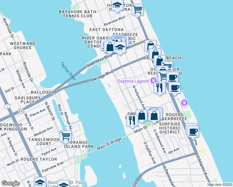 map of restaurants, bars, coffee shops, grocery stores, and more near 12 Ora Street in Daytona Beach