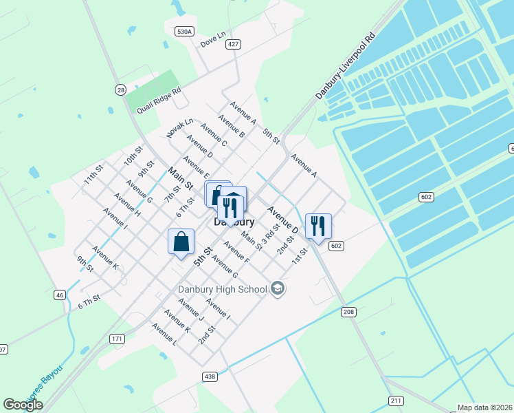 map of restaurants, bars, coffee shops, grocery stores, and more near in Danbury