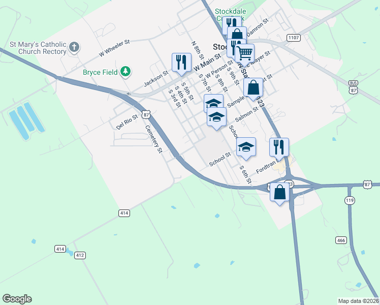 map of restaurants, bars, coffee shops, grocery stores, and more near 600 West West Street in Stockdale