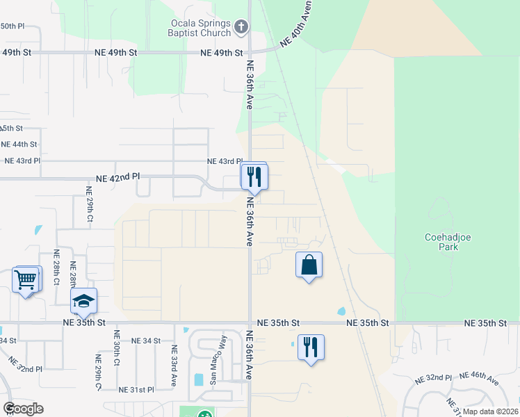 map of restaurants, bars, coffee shops, grocery stores, and more near 3640 Northeast 41st Street in Ocala