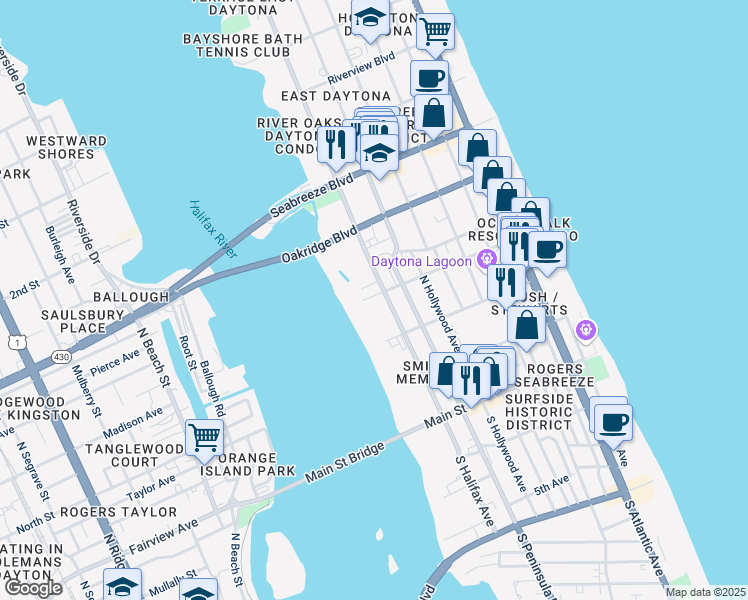map of restaurants, bars, coffee shops, grocery stores, and more near 12 Ora Street in Daytona Beach