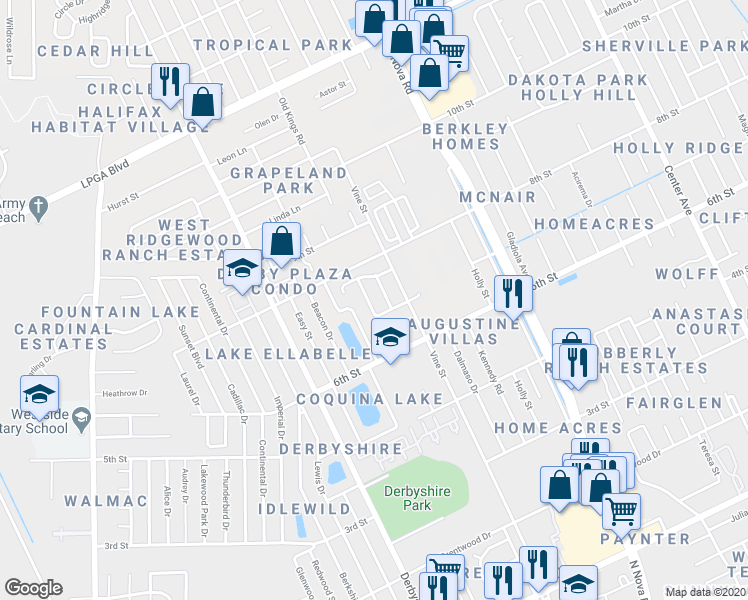 map of restaurants, bars, coffee shops, grocery stores, and more near 1355 Cedar Bluff in Daytona Beach