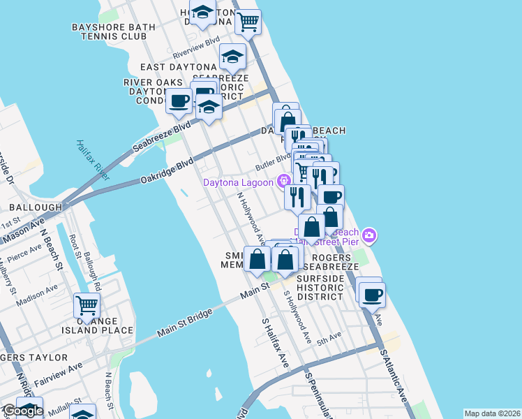 map of restaurants, bars, coffee shops, grocery stores, and more near 212 North Hollywood Avenue in Daytona Beach