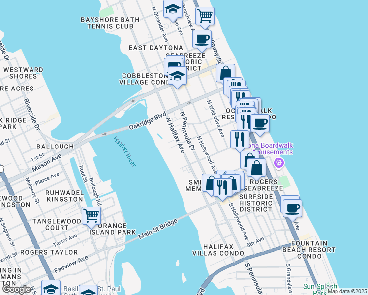 map of restaurants, bars, coffee shops, grocery stores, and more near 225 North Peninsula Drive in Daytona Beach