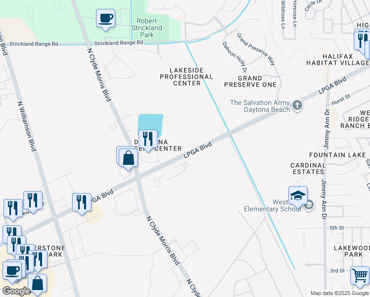 map of restaurants, bars, coffee shops, grocery stores, and more near 1868 Lpga Boulevard in Daytona Beach