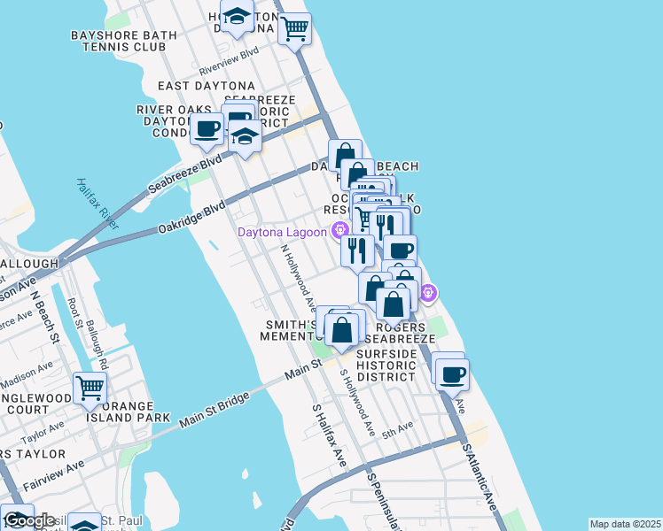 map of restaurants, bars, coffee shops, grocery stores, and more near 517 Earl Street in Daytona Beach