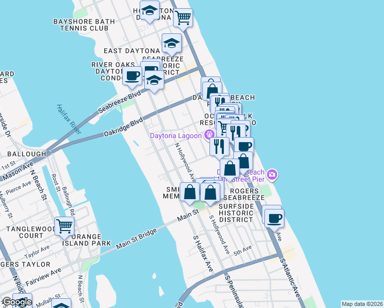 map of restaurants, bars, coffee shops, grocery stores, and more near 212 North Hollywood Avenue in Daytona Beach