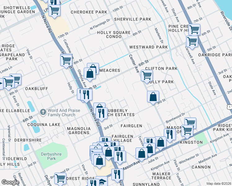 map of restaurants, bars, coffee shops, grocery stores, and more near 901 6th Street in Daytona Beach