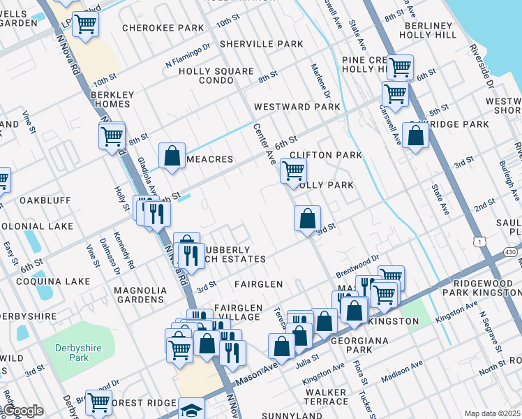 map of restaurants, bars, coffee shops, grocery stores, and more near 323 Cavanah Drive in Holly Hill