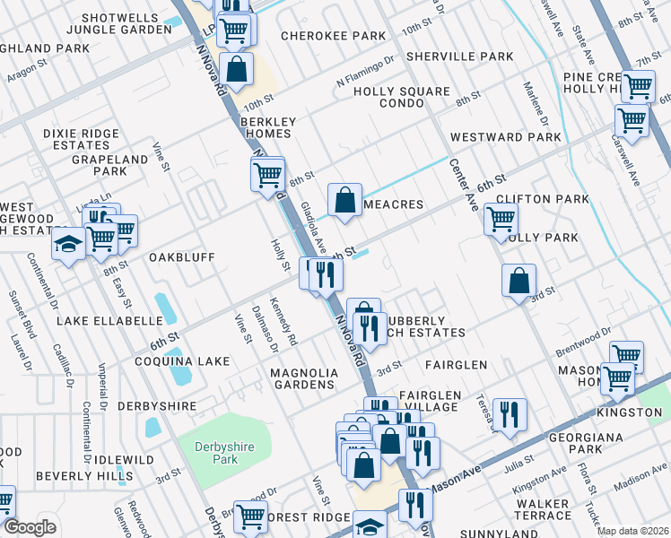 map of restaurants, bars, coffee shops, grocery stores, and more near 601 Gladiola Avenue in Daytona Beach