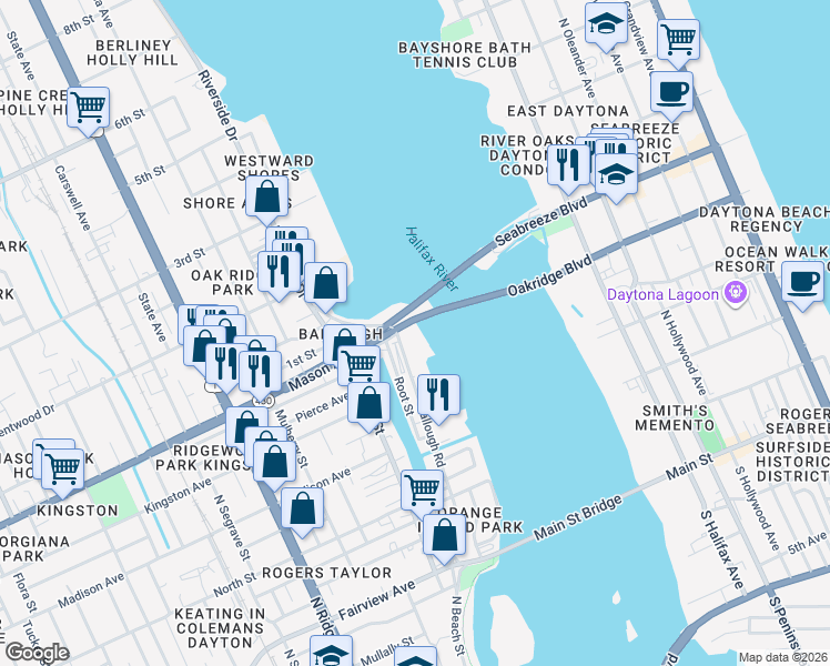 map of restaurants, bars, coffee shops, grocery stores, and more near 841 Ballough Road in Daytona Beach