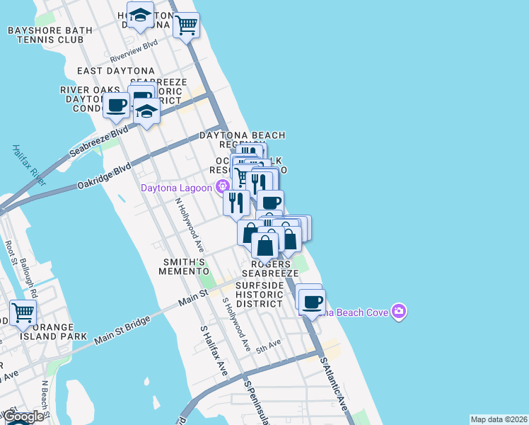 map of restaurants, bars, coffee shops, grocery stores, and more near 100 North Atlantic Avenue in Daytona Beach