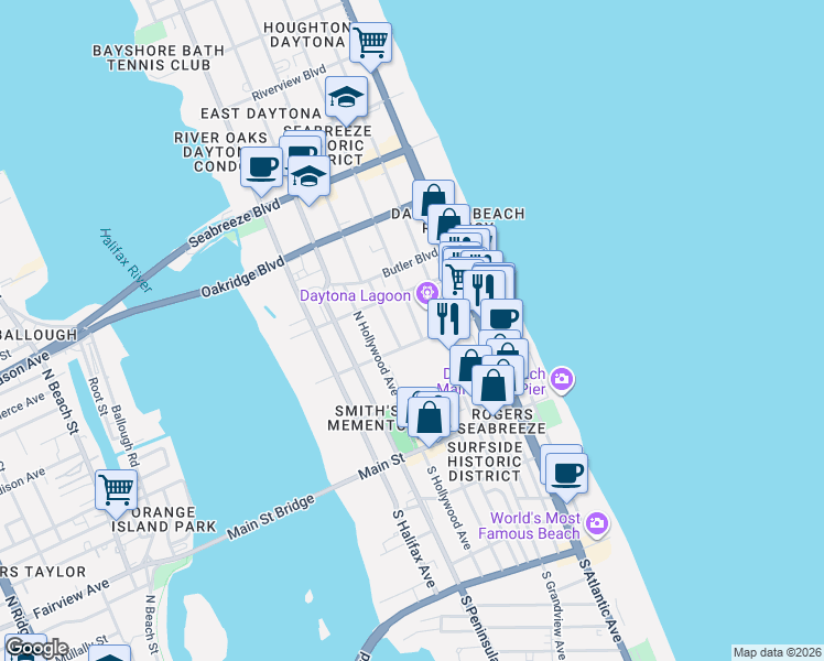 map of restaurants, bars, coffee shops, grocery stores, and more near 517 Earl Street in Daytona Beach